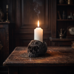 Portavela calavera negra con vela encendida sobre mesa de madera antigua